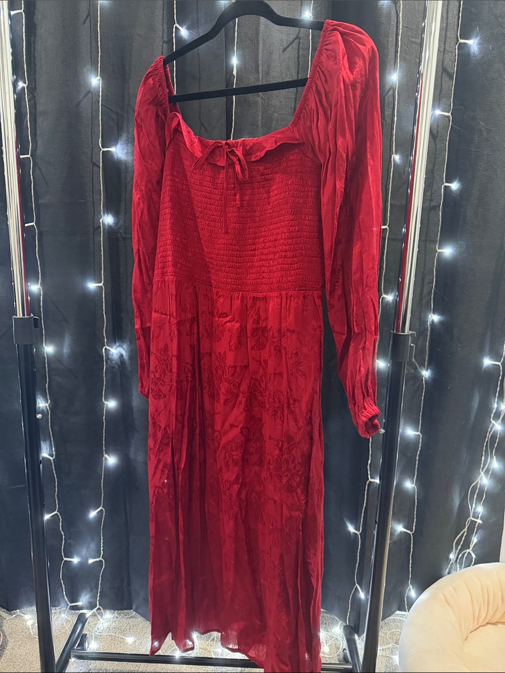 Maurices Red Smocked Bodice Midi Dress with Long Sleeves